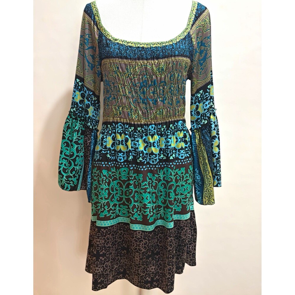 Hale Bob Silk Bell Sleeve Boho Dress L Teal Blue Brown Y2K